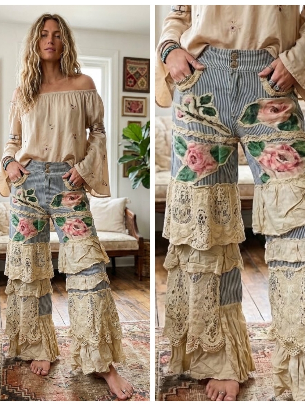Boho Wide-Leg Patchwork Jeans — Beige with Pink Rose Appliqués